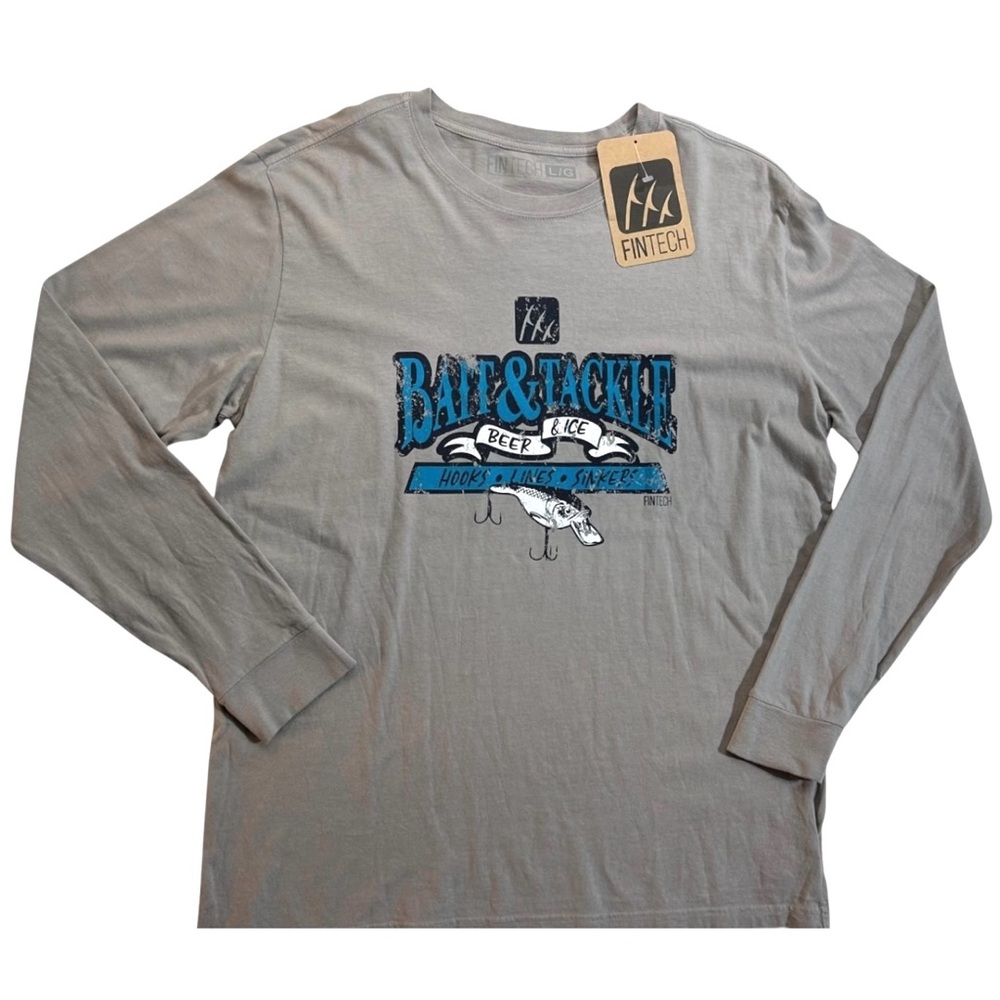 NWT Fintech Bait & Tackle Fishing T-Shirt Long Sleeve Graphic Gray Cotton Large